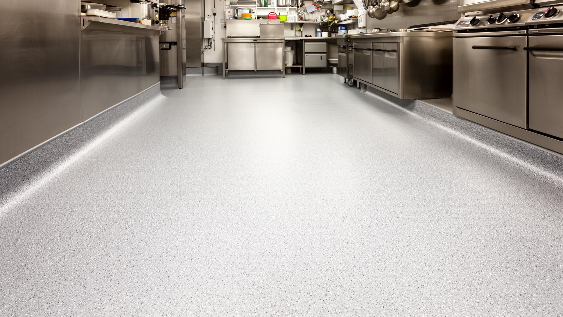 Light grey anti-slip safety vinyl flooring with coved skirting in a commercial kitchen