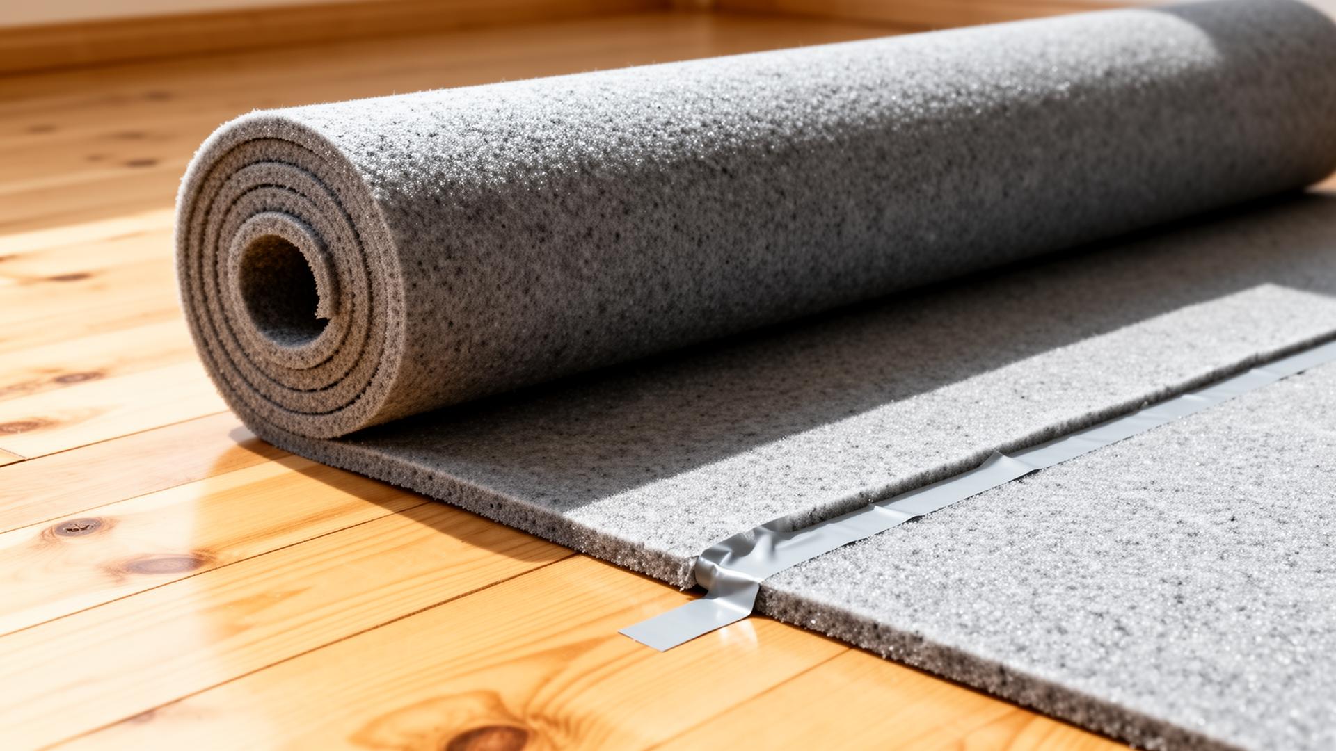 Premium grey PU foam carpet underlay rolled out and taped on a wooden subfloor